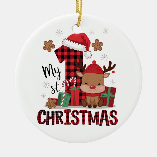Ornamento De Cerâmica Plaid Reindeer “My 1st Christmas”  (Frente)