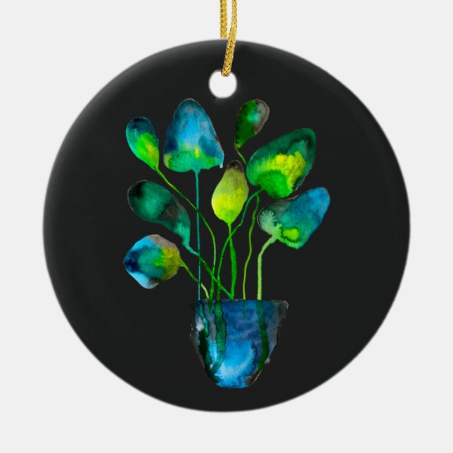 Ornamento De Cerâmica Plantas aquáticas de arte verde e abstrato azul (Frente)