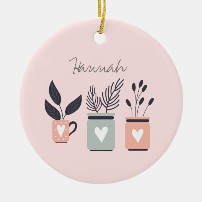 Ornamento De Cerâmica Plantas em vaso modernas rosa pastel e cinza (Frente)