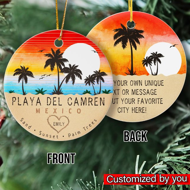 Ornamento De Cerâmica Playa del Carmen México Retro Sunset Palm tree 60s (Criador carregado)