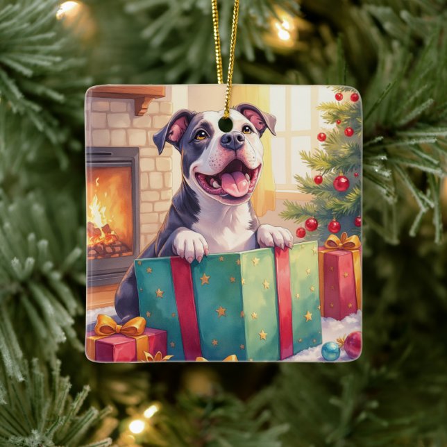 Ornamento De Cerâmica Playful Pitbull Opening Christmas Gifts Holiday (Árvore)