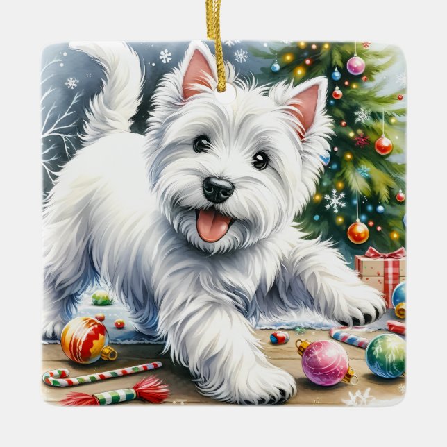Ornamento De Cerâmica Playful Westie Christmas (Frente)