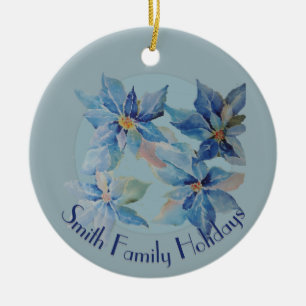 Ornamento De Cerâmica Poinsétia Azul com Seu Texto