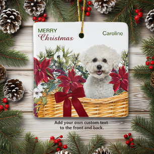 Ornamento De Cerâmica Poinsettia Bichon Frise na Cesta de Natal Ornament