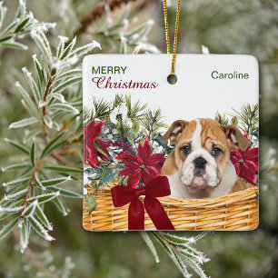 Ornamento De Cerâmica Poinsettia Bulldog Cama de Natal
