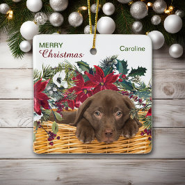 Ornamento De Cerâmica Poinsettia Chocolate Labrador Cesta de Natal
