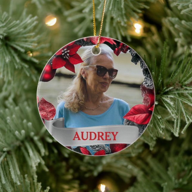 Ornamento De Cerâmica Poinsettia Christmas Wreath ANY Photo Tree (Árvore)