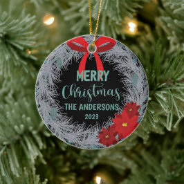 Ornamento De Cerâmica Poinsettia Christmas Wreath Family Name and Year