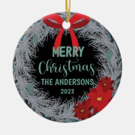 Ornamento De Cerâmica Poinsettia Christmas Wreath Family Name and Year