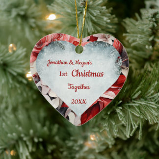 Ornamento De Cerâmica Poinsettia de Natal em Coração Personalizado
