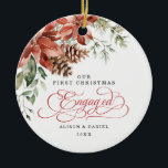 Ornamento De Cerâmica Poinsettia de Pré-Casamento Envolvida no Primeiro<br><div class="desc">Este Enfeites de natal inspirado na vintage apresenta uma ilustração maravilhosa de aquarela verde de férias e poinsettia vibrante. Os campos de texto são totalmente editáveis,  exceto a palavra "Engaged". Basta remover esta palavra clicando no botão excluir e adicionar seu próprio texto se você precisar de uma palavra diferente.</div>