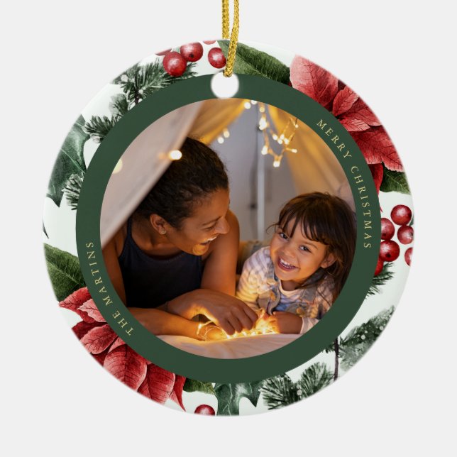 Ornamento De Cerâmica Poinsettia e Greenery Foto e Nome (Frente)