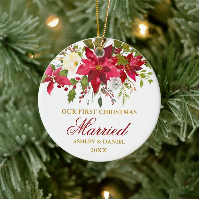 Ornamento De Cerâmica Poinsettia Floral Dourado Primeiro Natal | Foto (Árvore)