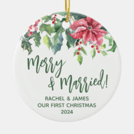 Ornamento De Cerâmica Poinsettia & Holly Primeira Feliz de Natal & Casad