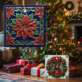 Ornamento De Cerâmica Poinsettia no Natal Azul Personalizável