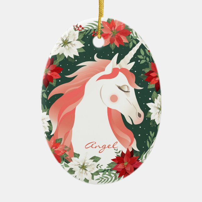 Ornamento De Cerâmica Poinsettia Personalizada Cavalo Unicórnio (Frente)