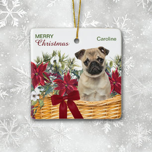 Ornamento De Cerâmica Poinsettia Pug Cachorro Cachorro de Natal