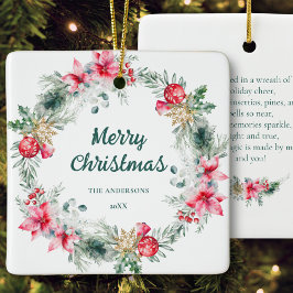 Ornamento De Cerâmica Poinsettia Red Green Wreath Poesia de Natal