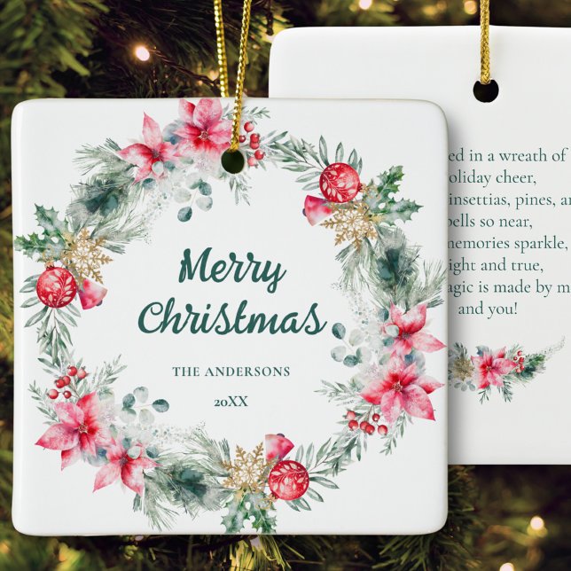 Ornamento De Cerâmica Poinsettia Red Green Wreath Poesia de Natal (Criador carregado)
