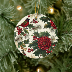 Ornamento De Cerâmica Poinsettia Vermelha Verde Creme de Natal Europeu