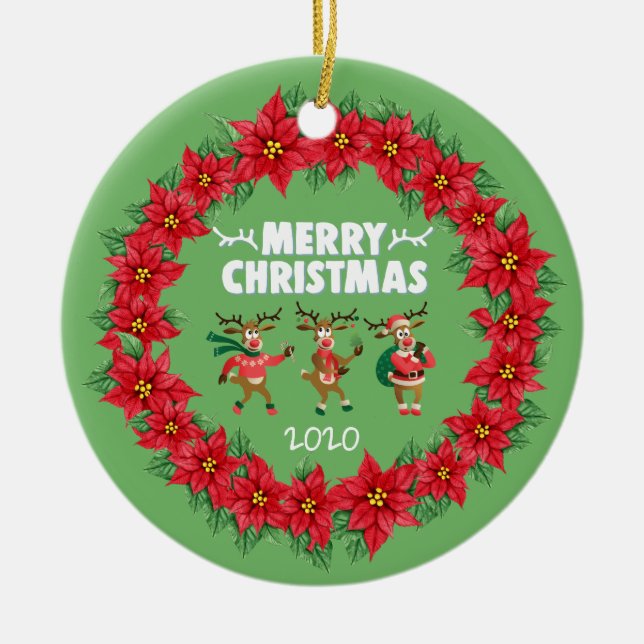 Ornamento De Cerâmica Poinsettia Wreath Dancing Reindeer Feliz Natal (Frente)