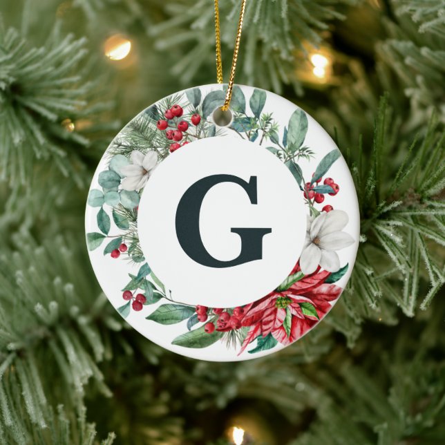 Ornamento De Cerâmica Poinsettia wreath monograma (Árvore)