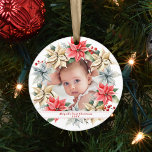 Ornamento De Cerâmica Poinsettia Wreath & Photo Baby's First Christmas<br><div class="desc">Da Farmhouse Poinsettia Christmas & Holiday Collection: Poinsettia Wreath & Photo Baby's First Christmas Holiday Ornaments, com Linda camada de aquarela, foto personalizada, além do seu próprio Cartões de natal ou Nome da Família Personalizada. Adicione facilmente sua fotografia e texto a este Modelo de Enfeites de natal maravilhoso. Em 4...</div>