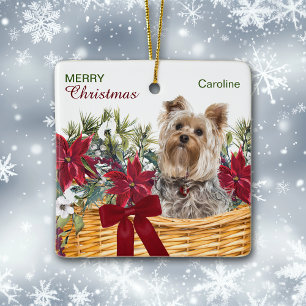 Ornamento De Cerâmica Poinsettia Yorkie Terrier Cesta de Natal