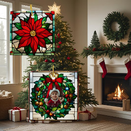 Ornamento De Cerâmica Poinsettias Únicas Vidro Manchado Falso