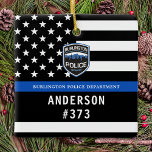 Ornamento De Cerâmica Polícia de logotipo personalizado azul do Departam<br><div class="desc">Enfeites de natal do Departamento de Polícia da Linha Azul - bandeira americana em cores de bandeira policial, design azul e preto moderno. Personalize com o logotipo do seu departamento e personalize com o nome e o número do crachá dos policiais. Este ornamento personalizado de polícias é perfeito para departamentos...</div>