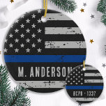 Ornamento De Cerâmica Policial - Linha Azul Thin - Bandeira Americana<br><div class="desc">Apresentando nosso ornamento da polícia de bandeira azul fina, a adição perfeita ao seu decoro de férias e um presente pensativo para qualquer polícia na sua vida. Este ornamento inspirado na bandeira americana apresenta uma corajosa linha azul que homenageia os corajosos homens e mulheres que servem e protegem nossas comunidades...</div>