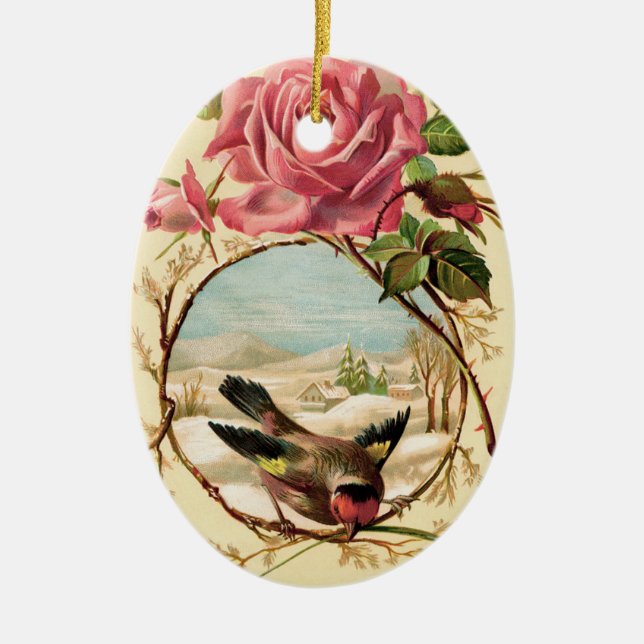 Ornamento De Cerâmica Pomada rosa-rosa vitoriana e oval-aves (Frente)