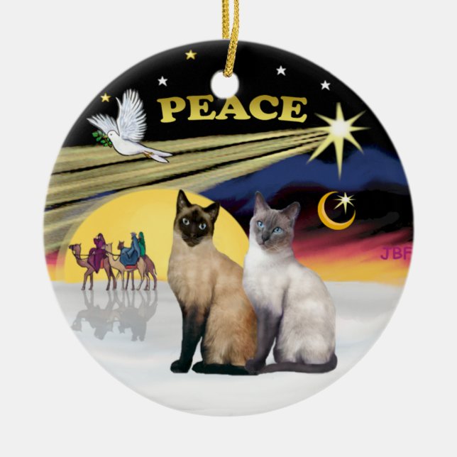 Ornamento De Cerâmica Pomba do Natal - Dois gatos siameses (Choc+Blue) (Frente)