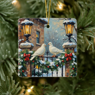 Ornamento De Cerâmica Pombas de Inverno Antigas no Portão Iluminado por