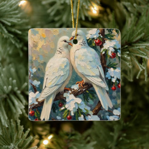 Ornamento De Cerâmica Pombas de Natal Antigas em Ramo de Sempre-Verde Ne
