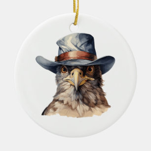 Ornamento De Cerâmica Pombo engraçado vestindo um chapéu de cowboy, aqua