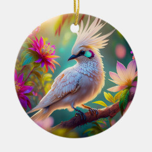 Ornamento De Cerâmica Pombo Fantasia com Penugem Rosada Juvenil Crestado