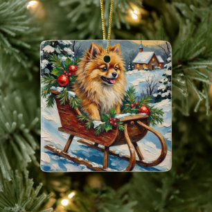 Ornamento De Cerâmica Pomerânia Antiga em Trenó de Natal de Madeira