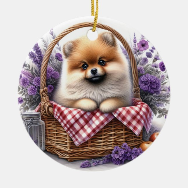 Ornamento De Cerâmica Pomerânia Cão Cachorro Cachorro Aquarela Picnic (Frente)