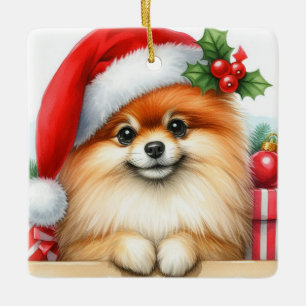 Ornamento De Cerâmica Pomerânia Personalizada Vestindo um Chapéu Santa
