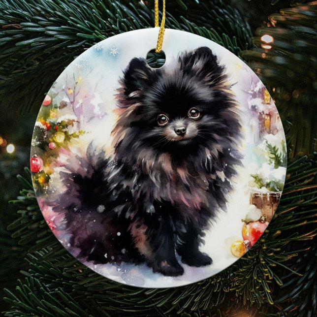 Ornamento De Cerâmica Pomerânia Preta Adorável Natal com Aquarela (Criador carregado)