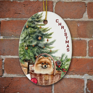 Ornamento De Cerâmica Pomerânia Vermelha Cachorro Vestido Natal