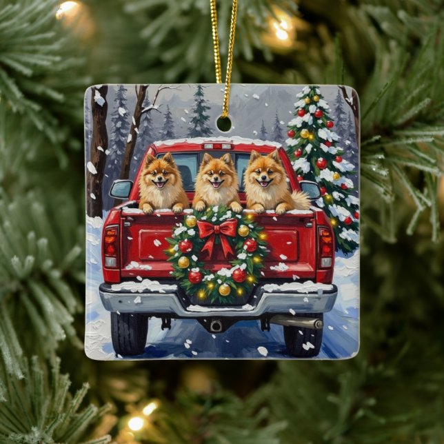 Ornamento De Cerâmica Pomeranian Christmas Red Truck Holiday Gift (Árvore)
