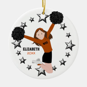 Ornamento De Cerâmica Poms de Cheerleader Brunette em Laranja e Preto