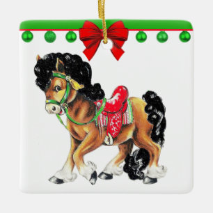 Ornamento De Cerâmica Pônei de Cavalo do Natal Ocidental com sela