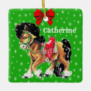 Ornamento De Cerâmica Pônei de Cavalo do Natal Ocidental com sela