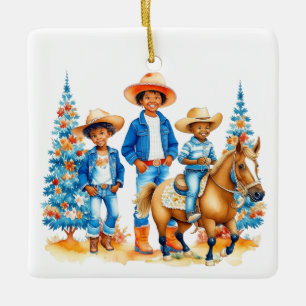 Ornamento De Cerâmica Pônei de Natal de Cowboy Preto Cowgirl Crianças