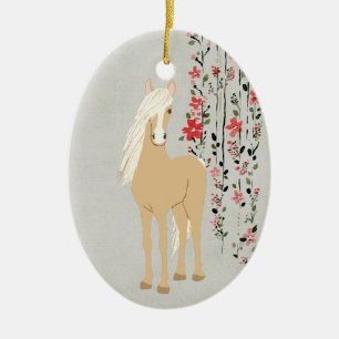Ornamento De Cerâmica Pôneo Palomino Personalizado e Flores