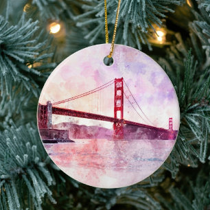 Ornamento De Cerâmica Ponte Golden Gate em Aquarela ao Pôr do Sol