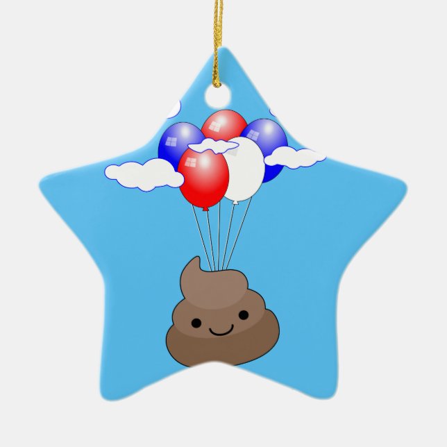 Ornamento De Cerâmica Poo Emoji Voando Com Balões No Céu Azul (Frente)